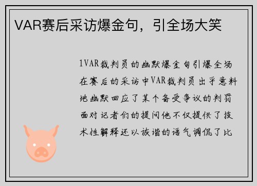 VAR赛后采访爆金句，引全场大笑