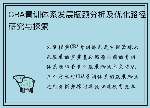 CBA青训体系发展瓶颈分析及优化路径研究与探索 CBA青训体系发展瓶颈分析及优化路径研究与探索